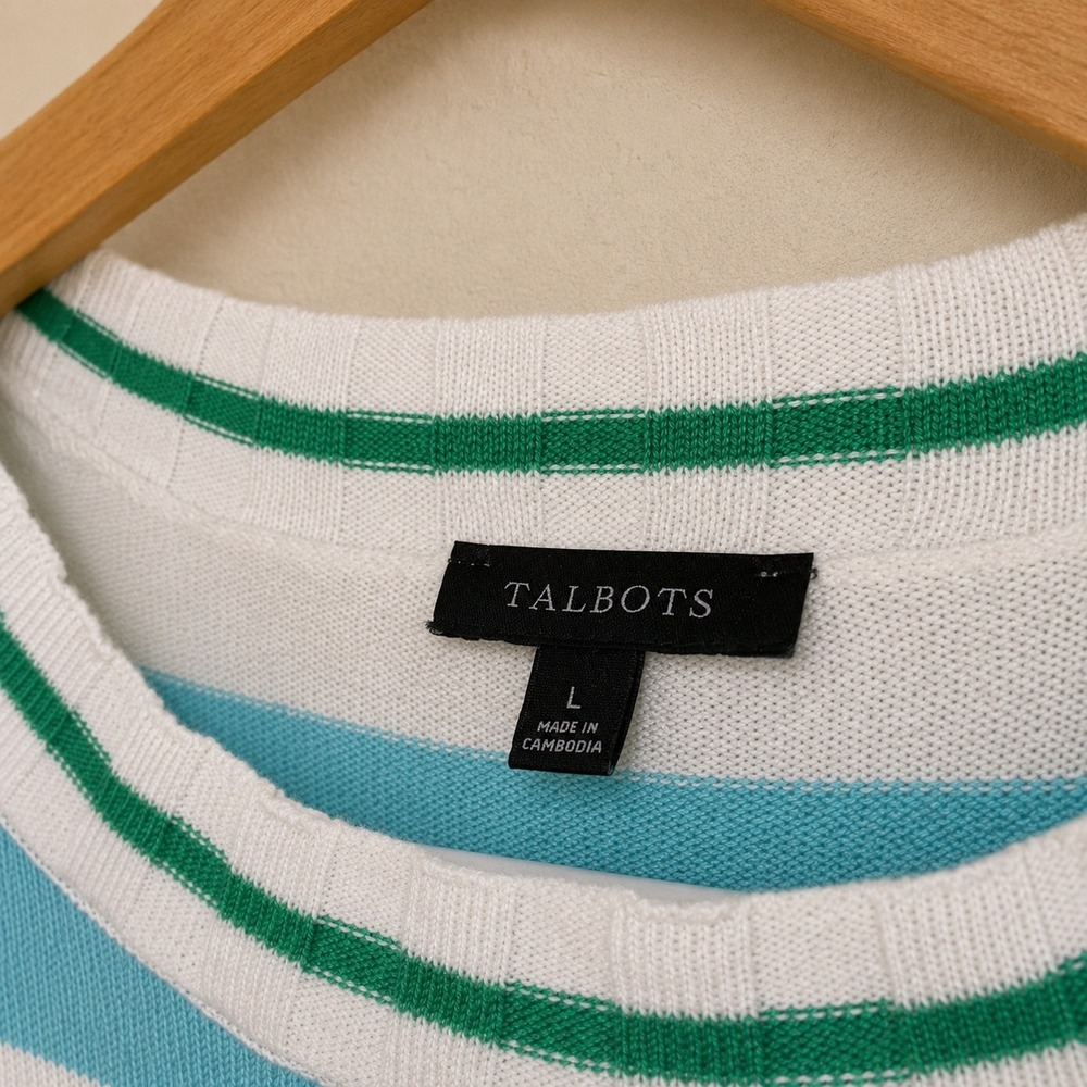 Talbots Women's L Blue White Green Striped Knit Crewneck Pullover Sweater - Picture 3 of 6